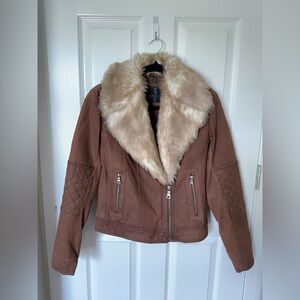 Buffalo David Bitton Brown and Cream Teddy Jacket with Faux Fur Collar